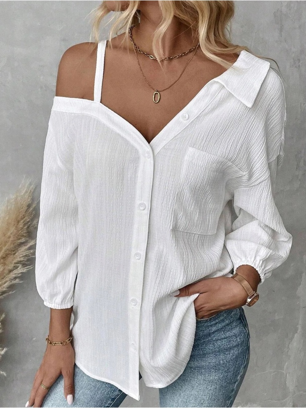 SHEIN White Off-Shoulder Button Front Blouse - NWT - Relaxed Fit - Size M